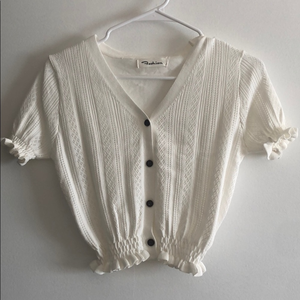 short sleeved buttoned pointelle top